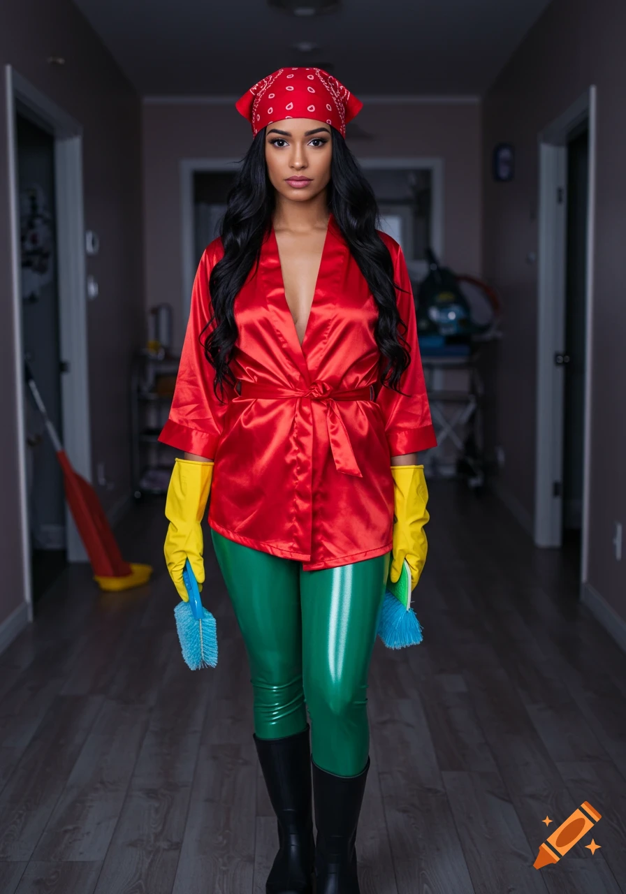 A woman in a red satin robe, green shiny pants, yellow cleaning gloves, and black boots holds two blue brushes in a hallway.