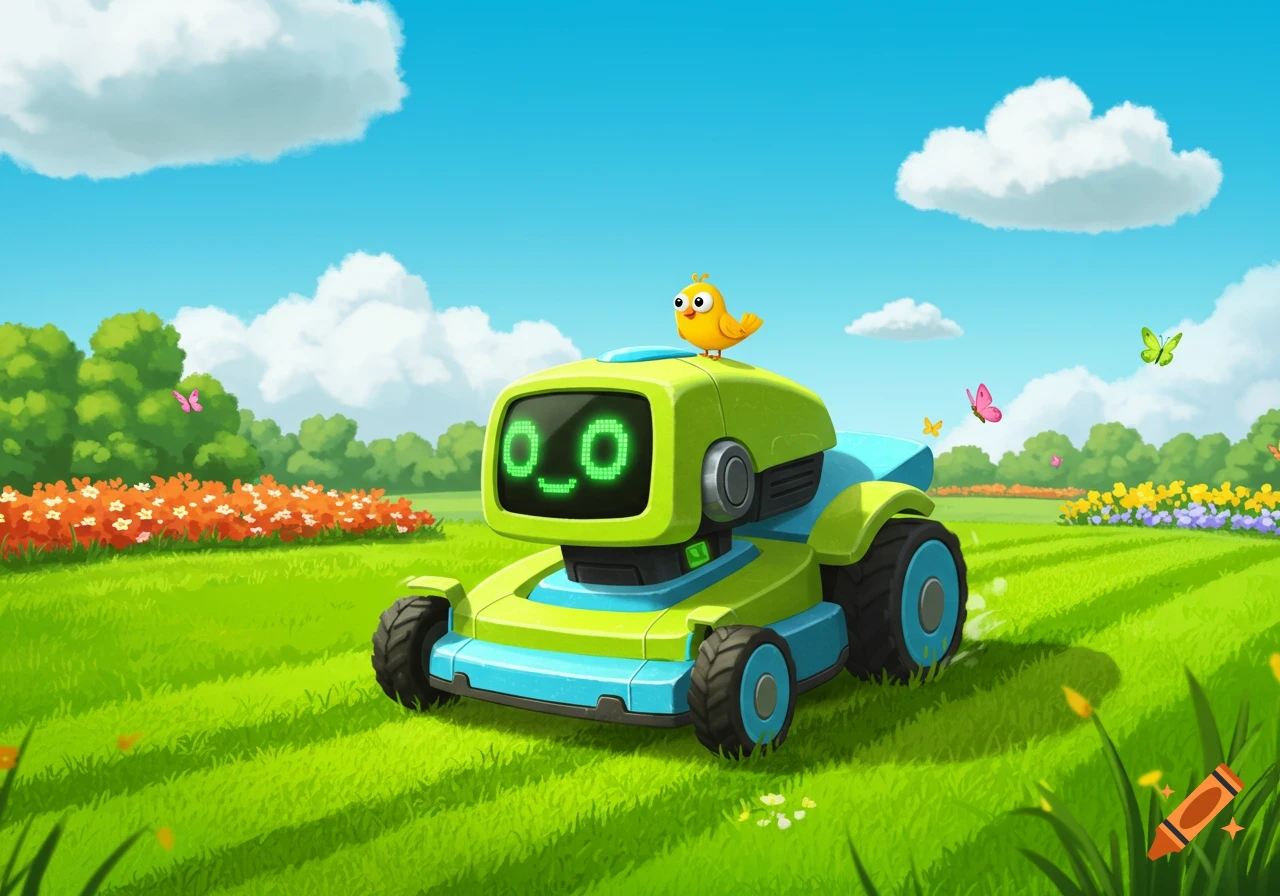 A cheerful cartoon robot lawnmower with a yellow bird on its head, cutting grass in a sunny field with flowers and butterflies.