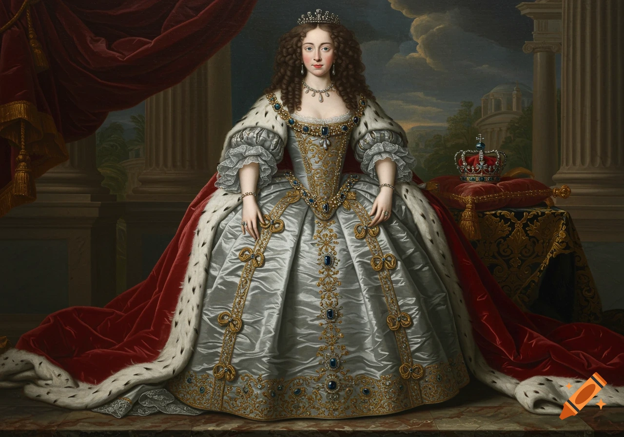 Baroque oil painting of a 17th-century queen in a silver gown and red ermine robe, adorned with a tiara and pearls.