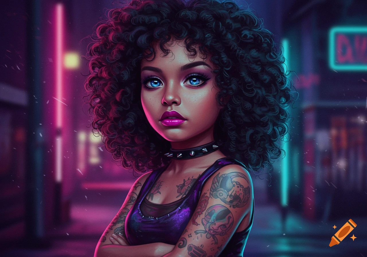 A stylized portrait of a woman with curly black hair, blue eyes, and arm tattoos, wearing a purple top and spiked choker, set against a neon city background.