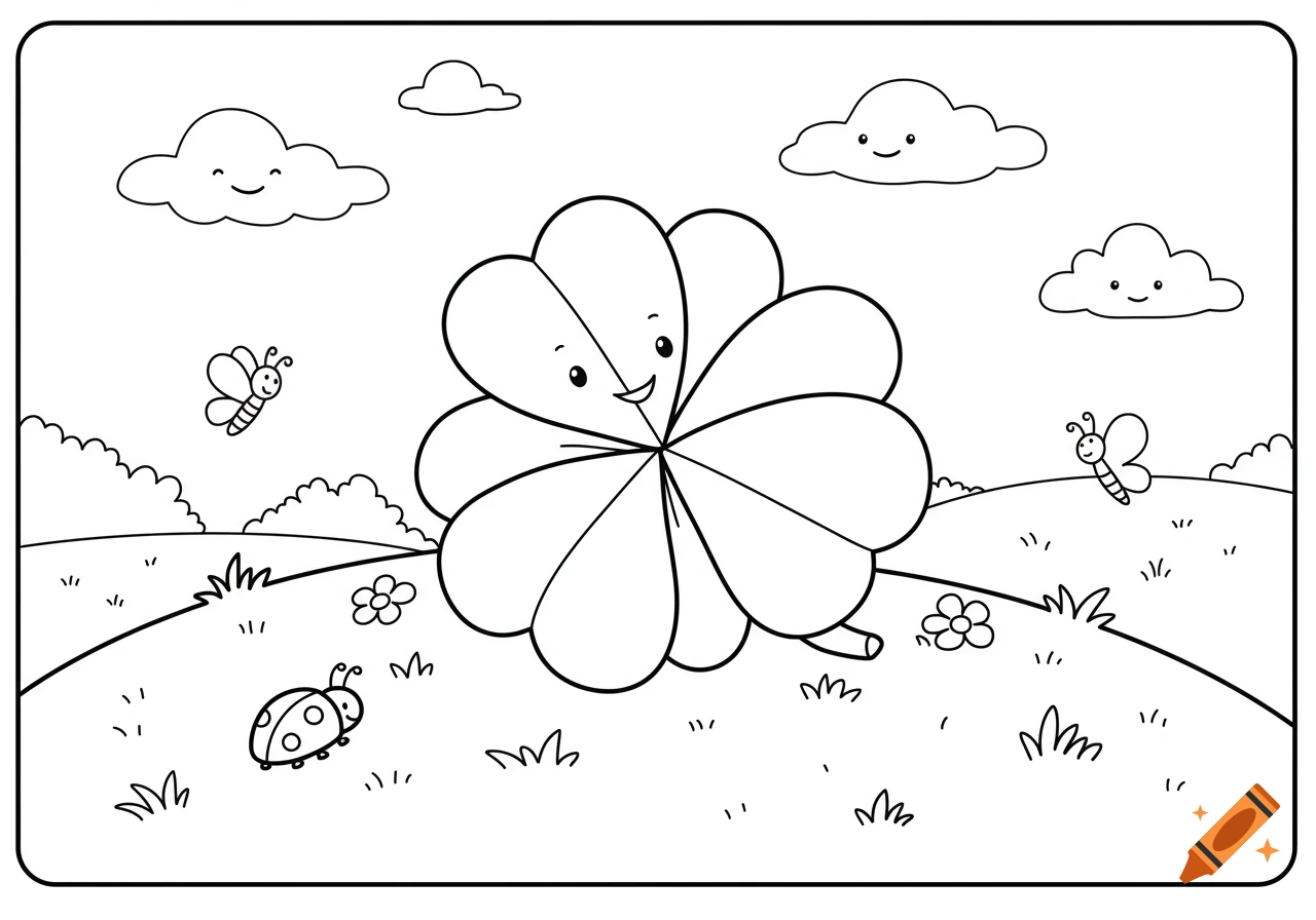 A black and white coloring page illustration featuring a happy four-leaf clover, smiling clouds, butterflies, and a ladybug in a field.