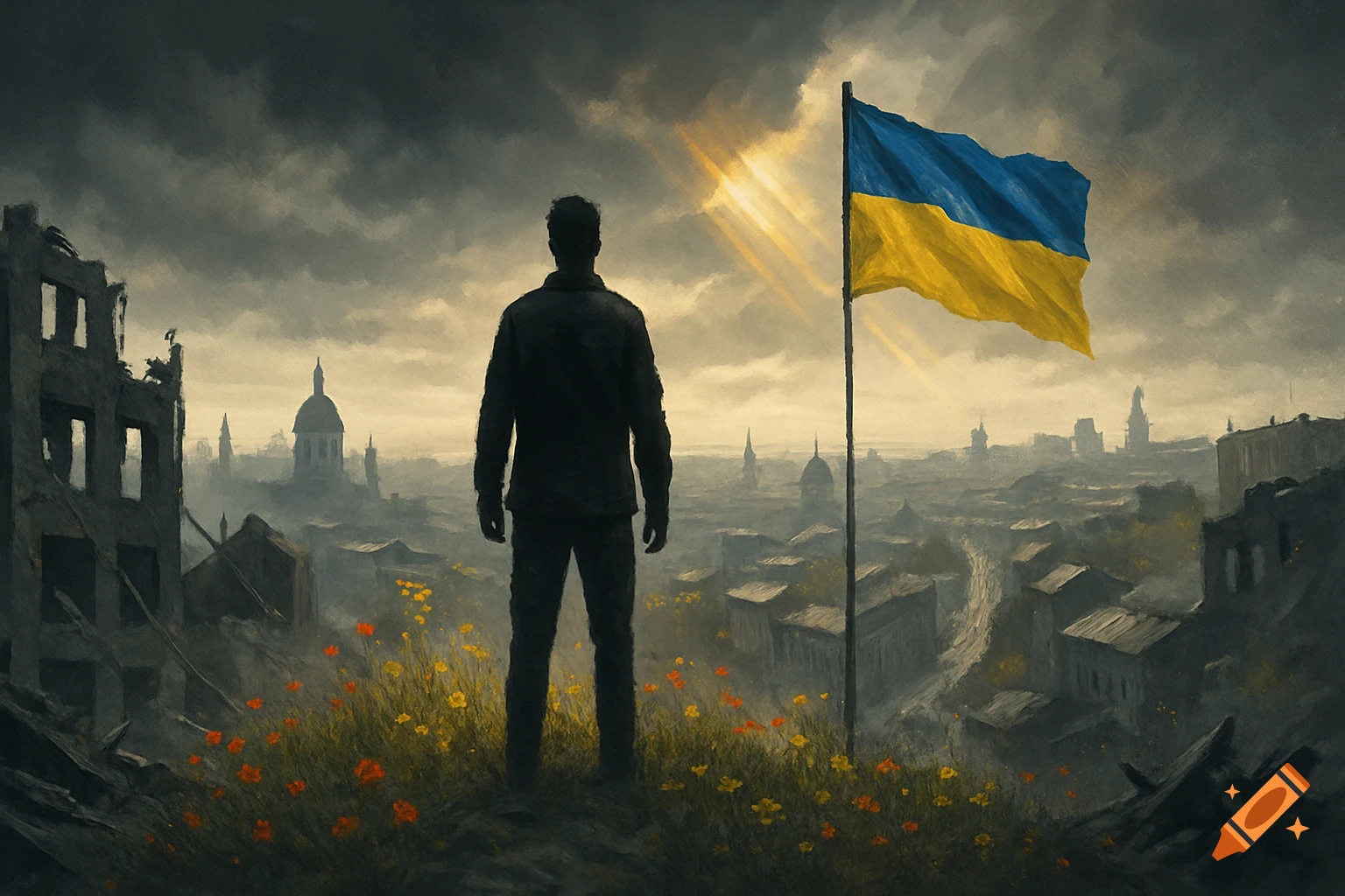A silhouetted figure stands on a hill overlooking a war-torn city under dark clouds, with a bright Ukrainian flag.