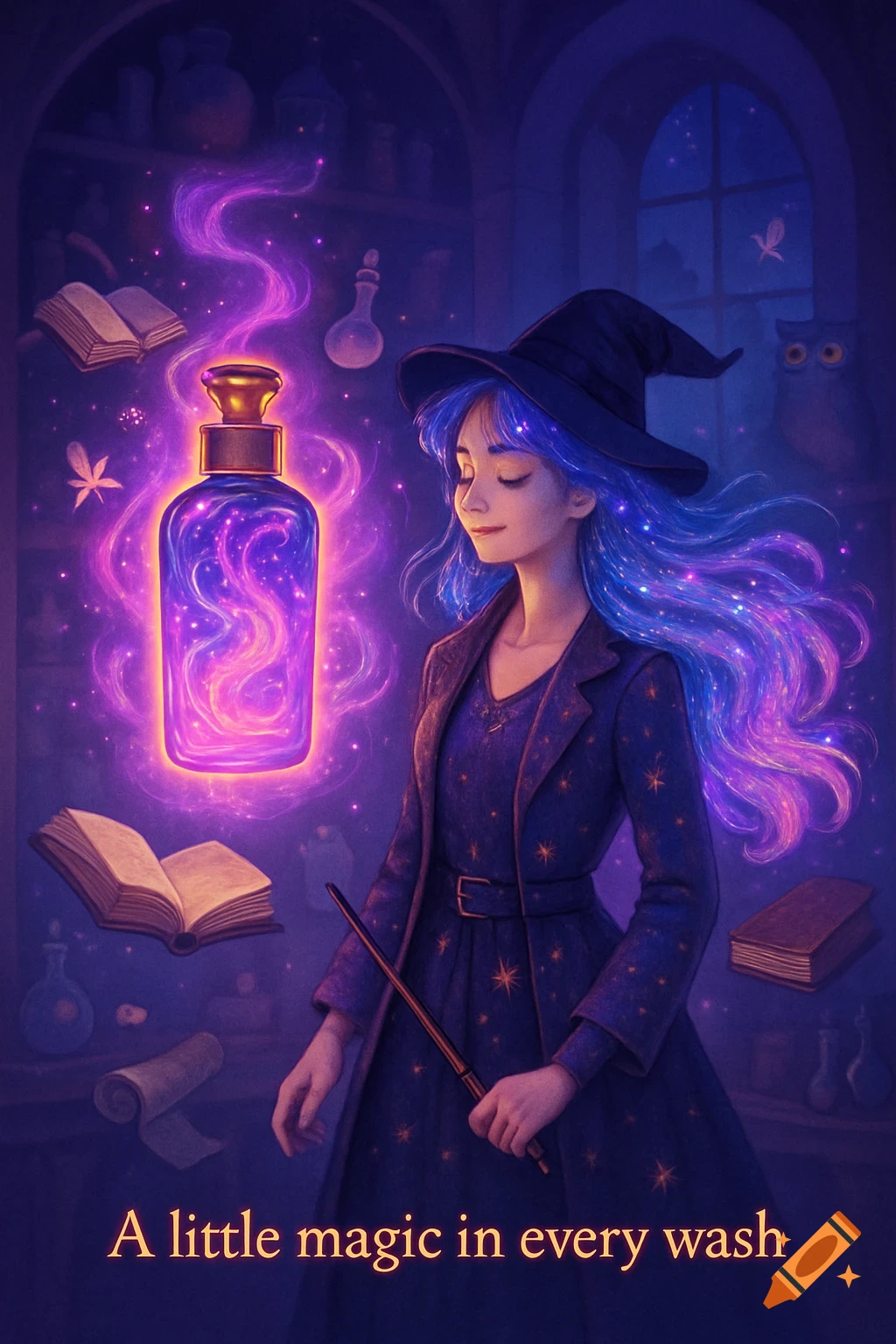 A young witch with glowing blue hair stands next to a hovering, glowing purple potion bottle in a magical apothecary. Text: A little magic in every wash.