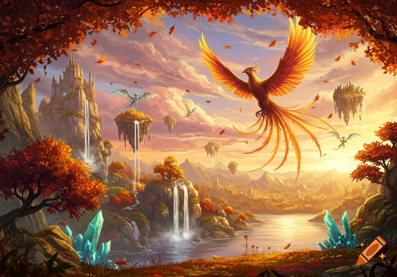 Vibrant fantasy landscape with a phoenix flying over a lake, floating islands, a castle, waterfalls, autumn trees, and glowing crystals at sunset.
