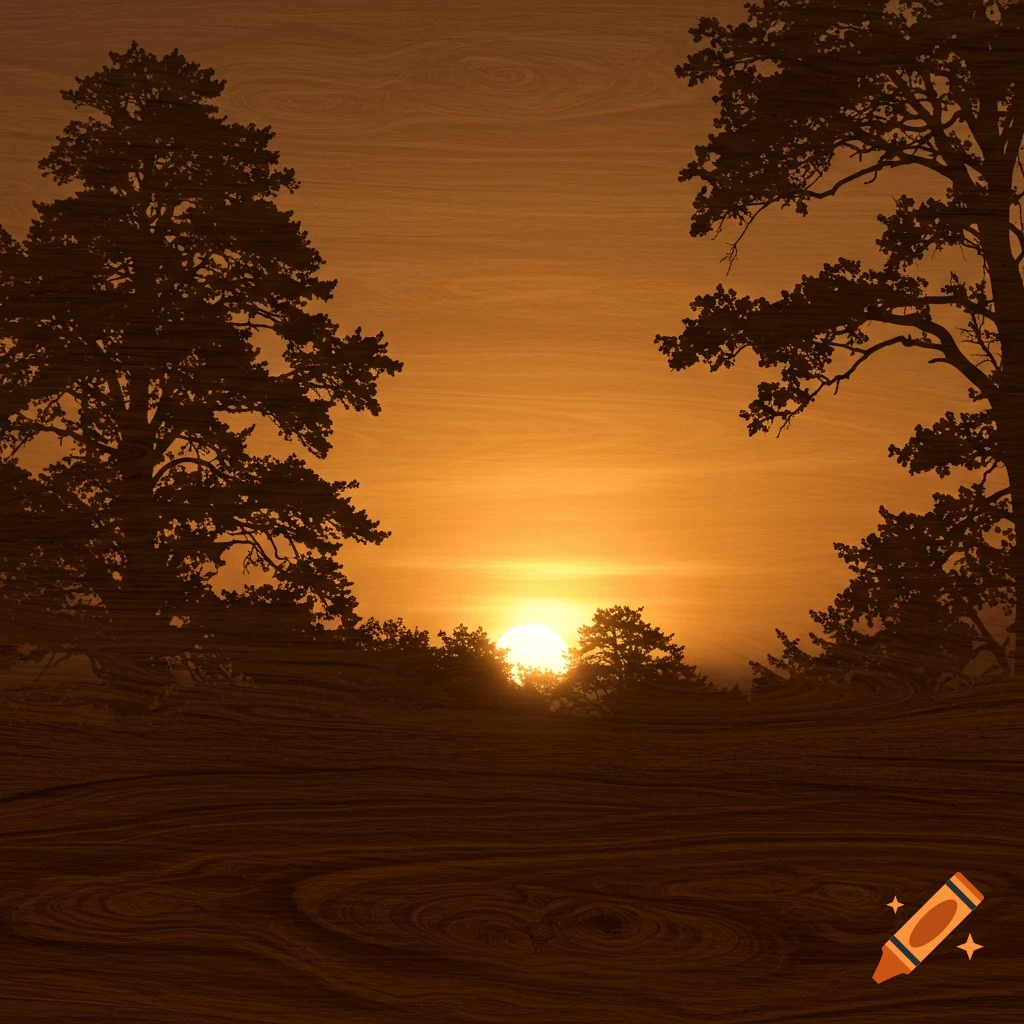 Silhouetted trees against an orange sunset sky with a woodgrain texture.