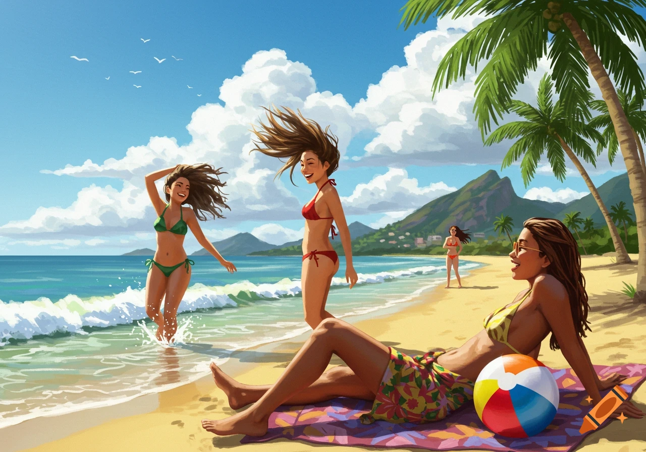 Three young women in bikinis enjoy a sunny day on a tropical beach with palm trees and mountains in an illustrated style.