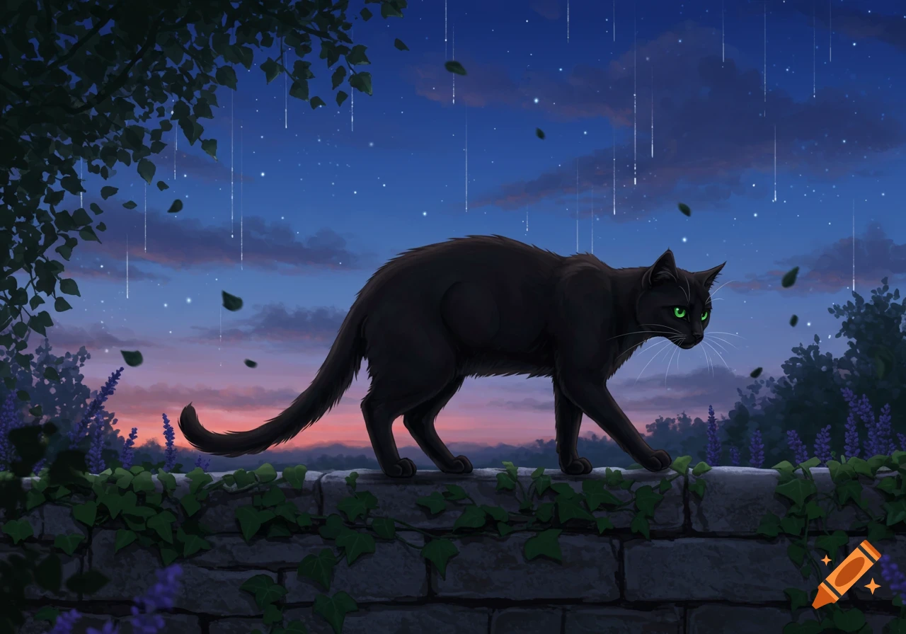 A black cat with green eyes walks on a stone wall at night under a starry sky with falling leaves. Digital art.