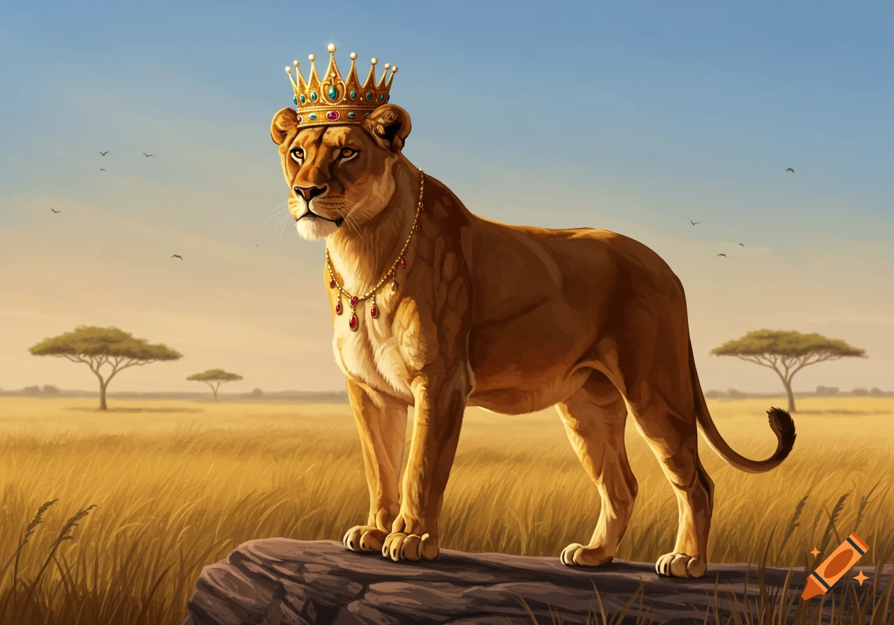 A regal lioness adorned with a golden crown and jeweled necklace stands on a rock in a golden savanna, digital painting.