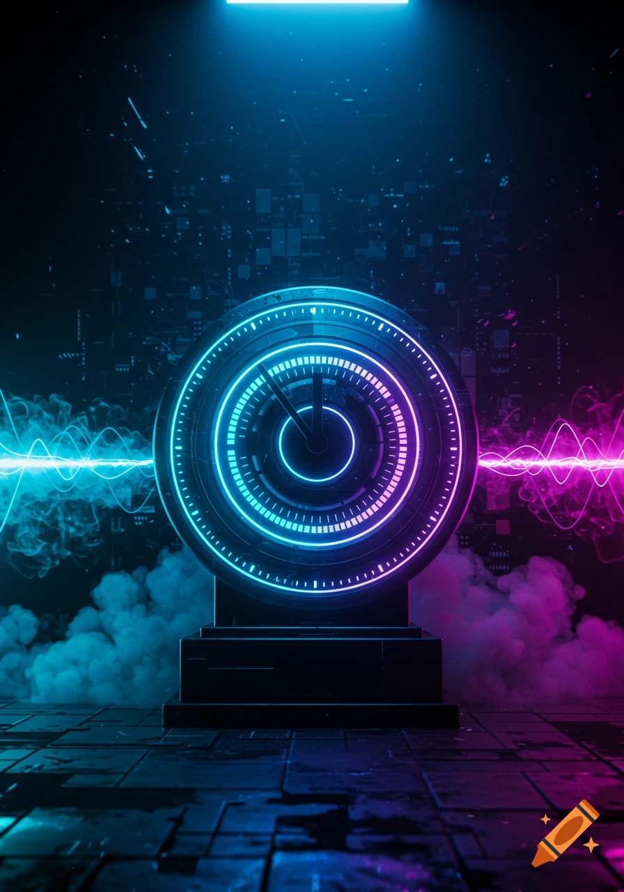 A futuristic clock-like device in neon blue and pink light, with energy waves and smoke, against a dark digital background.