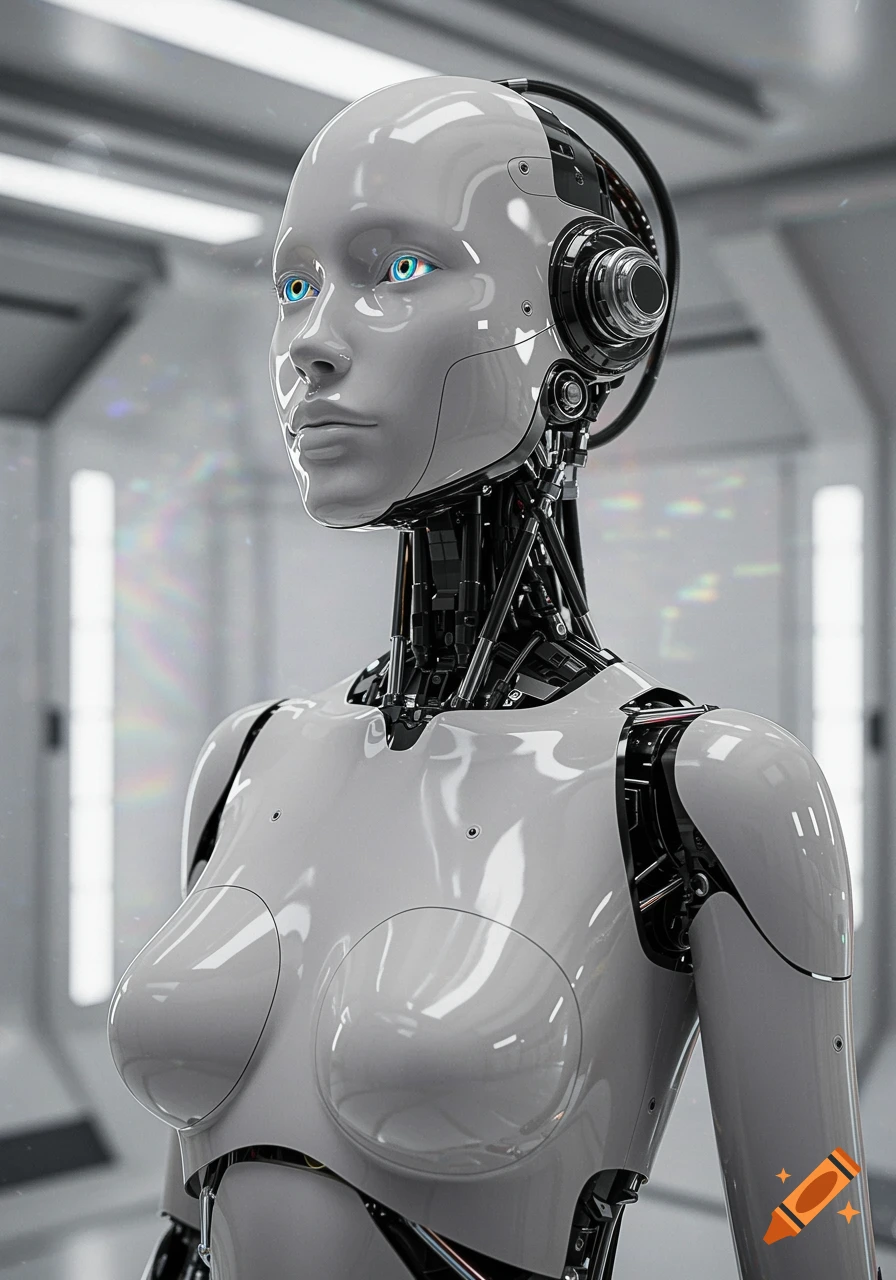 A photorealistic sleek white female-presenting robot with glowing blue eyes and detailed mechanics in a futuristic setting.