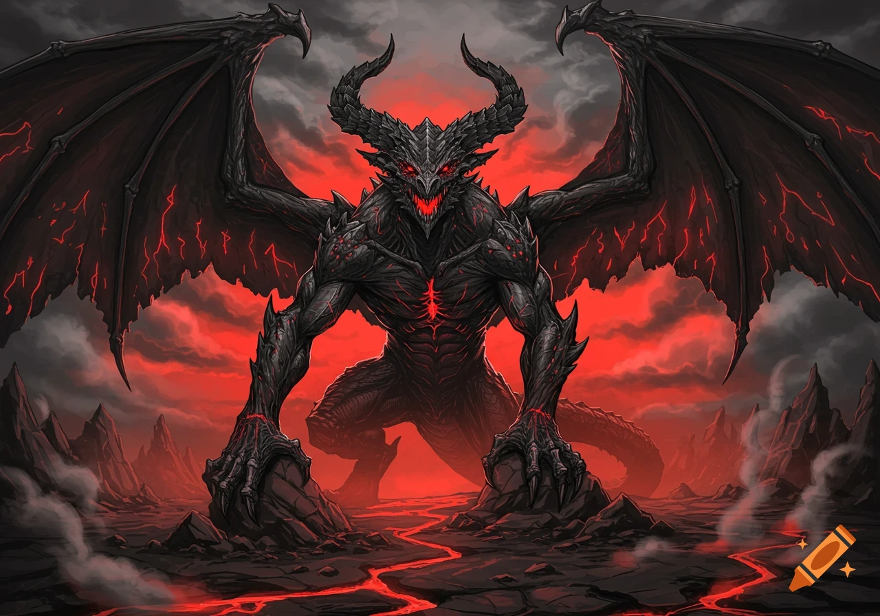A menacing dark dragon with large wings and glowing red eyes stands in a volcanic landscape with flowing lava.