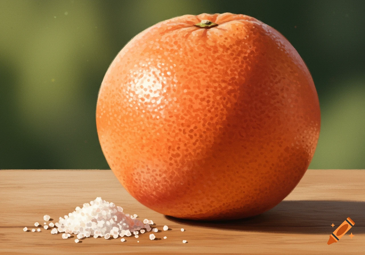 A large grapefruit sits next to a small pile of white salt on a wooden table with a green background.