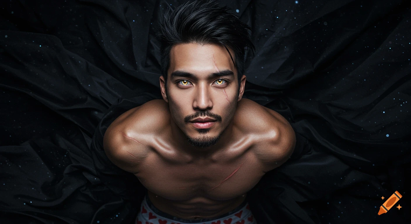 A shirtless man with golden alien eyes and scars looks up from a black draped background with subtle sparkles.