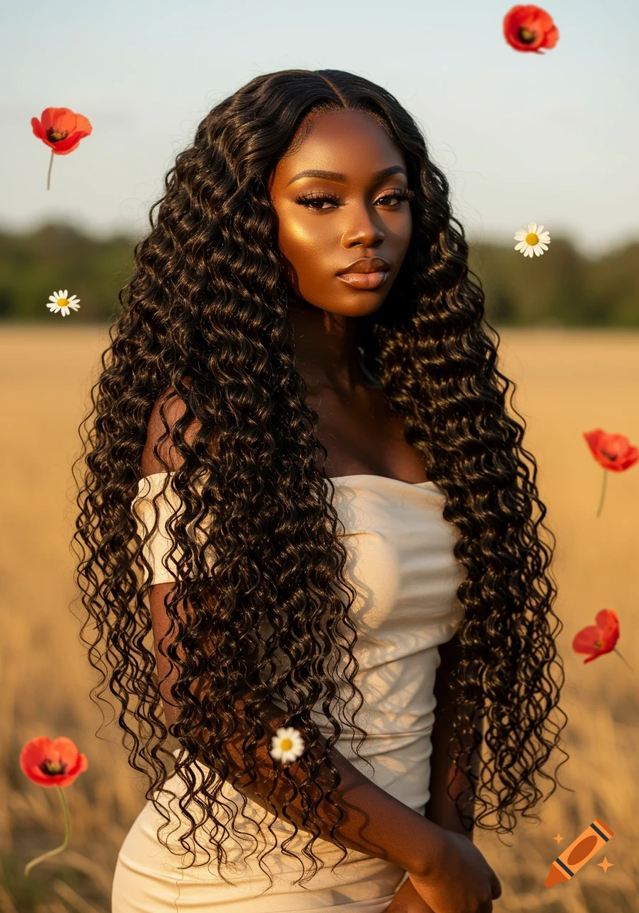 A photorealistic portrait of a woman with long, curly black hair, wearing a white dress, standing in a field with floating red poppies and white daisies.