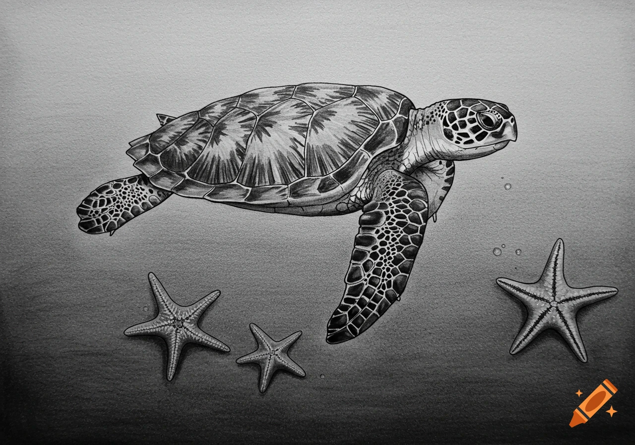 A detailed black and white drawing of a sea turtle swimming, with two starfish on the ocean floor below.