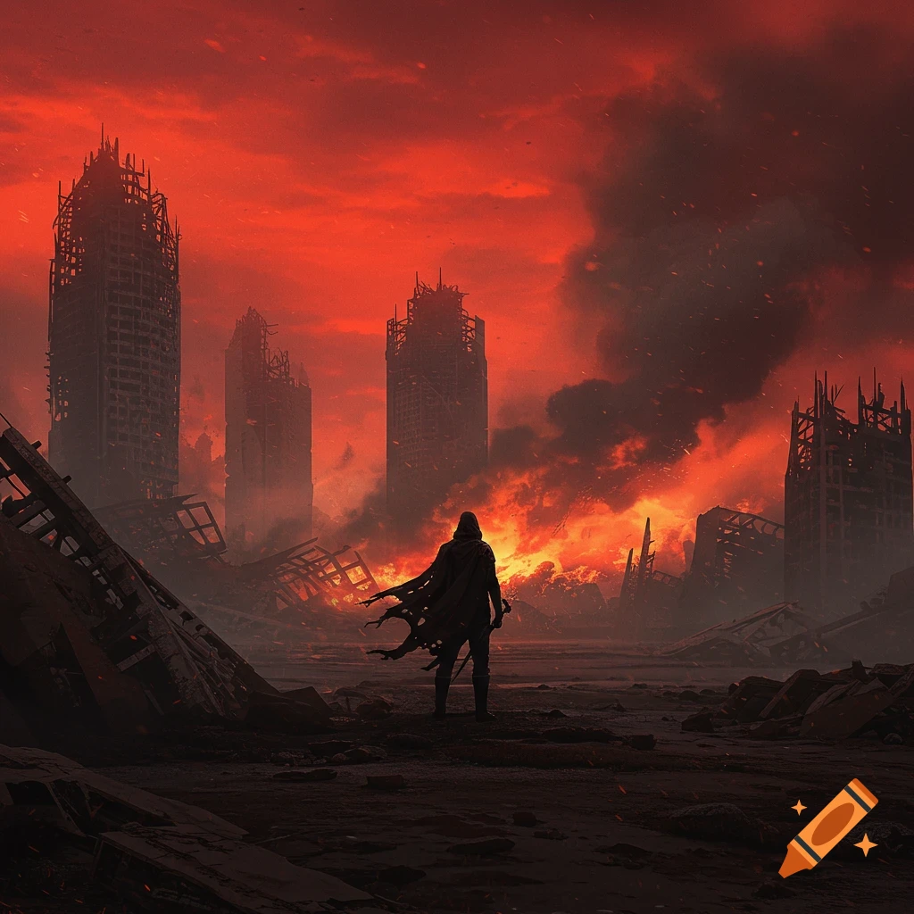 A lone cloaked figure stands amidst the fiery ruins of a destroyed city under a deep red, smoky sky in a post-apocalyptic scene.