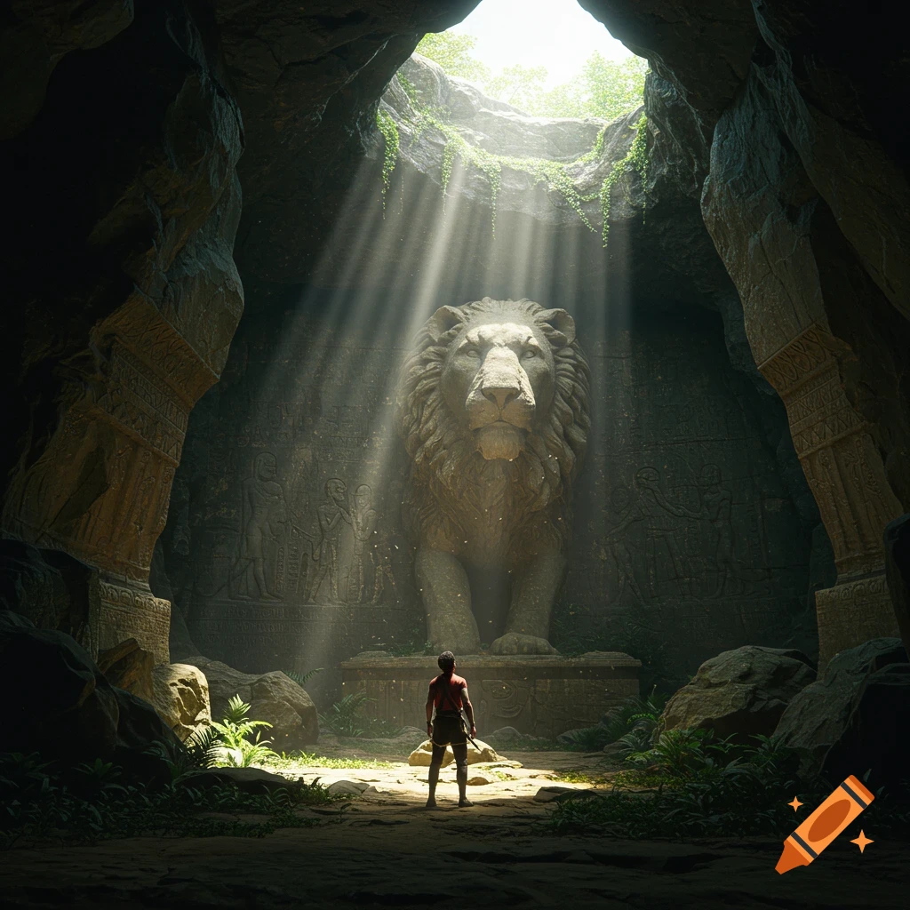 A person stands in a large, ancient cave, looking up at a massive lion statue bathed in rays of light from a hole in the ceiling.