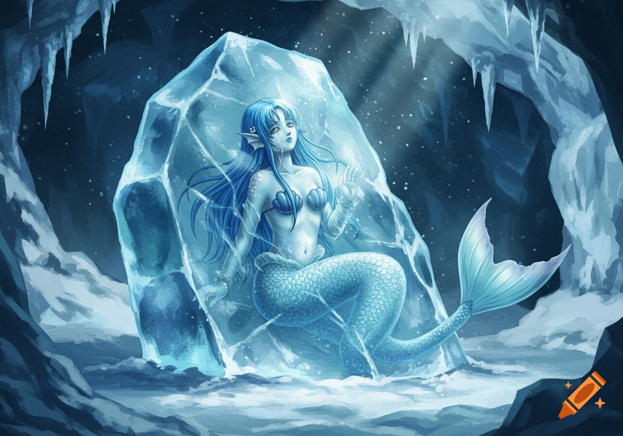 A blue-haired mermaid in a shell bra is frozen inside a large block of ice in a dark, icy cave with icicles.