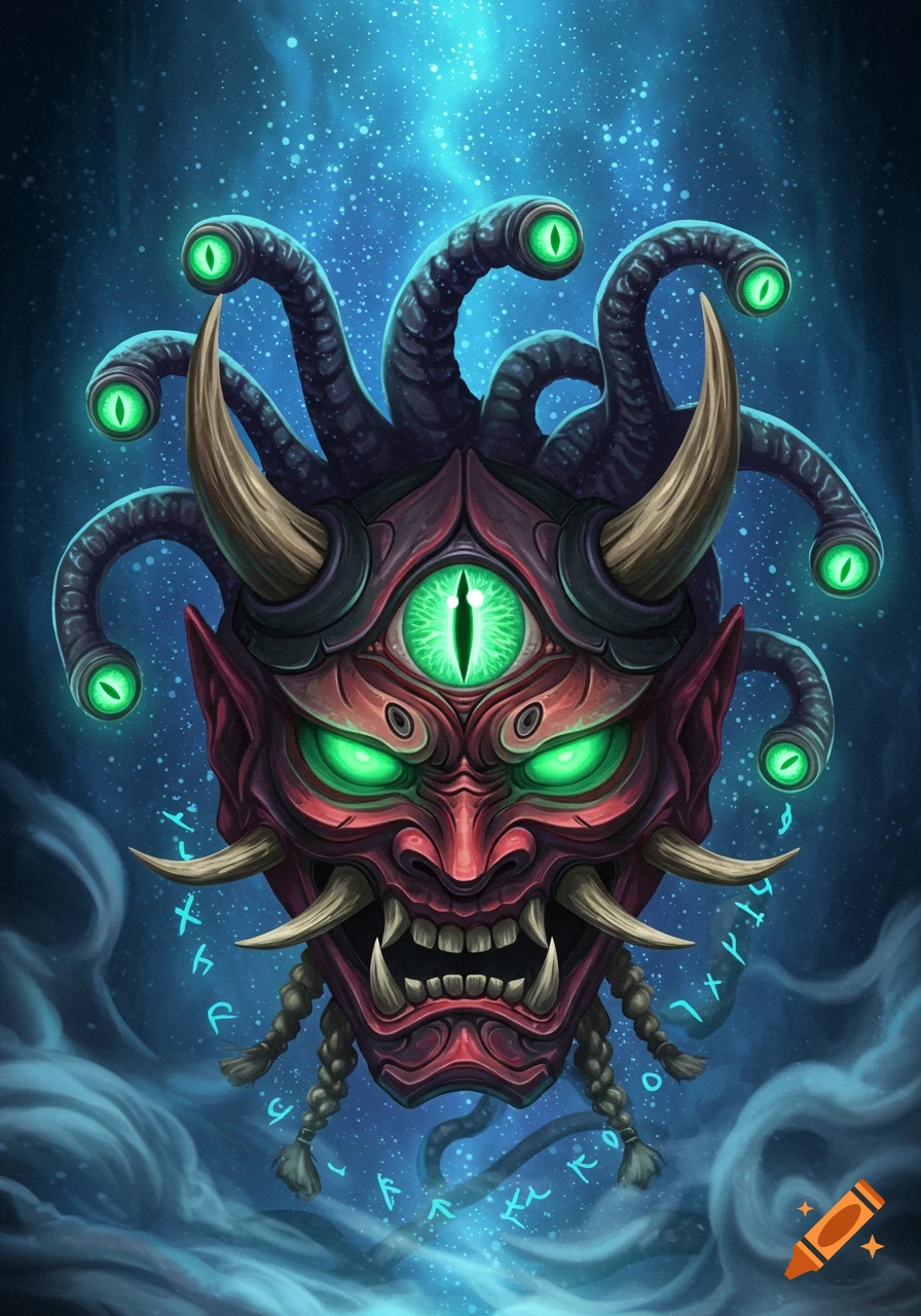 A vibrant red Oni mask with glowing green eyes and multiple tentacled eyestalks, against a starry blue background.