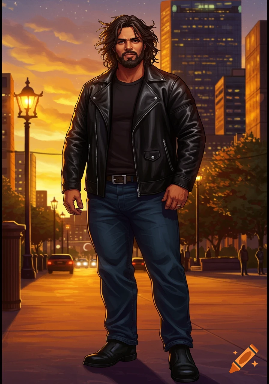 An illustration of a man with long hair and beard in a black leather jacket, jeans, and boots, standing on an urban street at sunset.