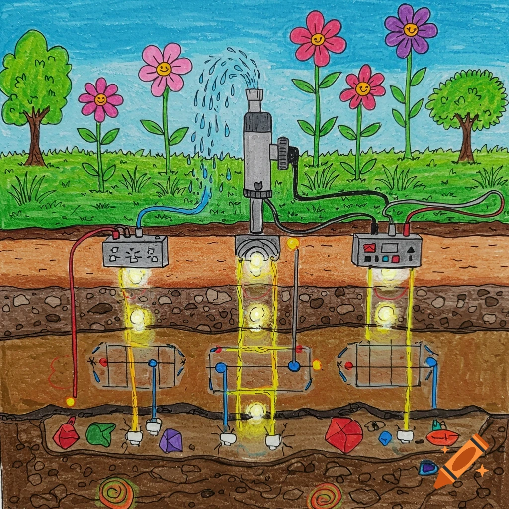 A cheerful crayon drawing of layered earth soil with colorful minerals, glowing underground electric currents, and a watering system, beneath green plants and flowers.