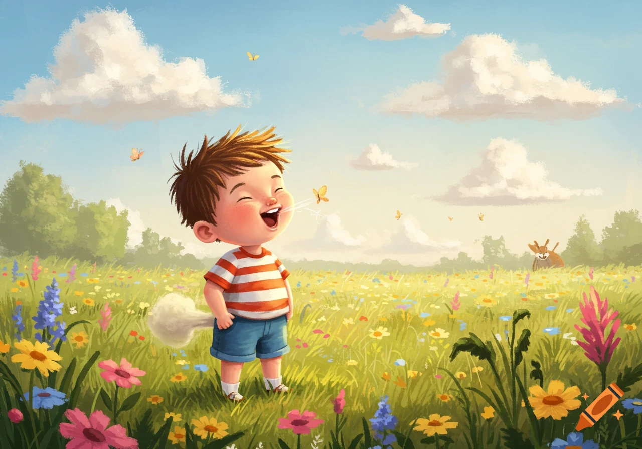 A laughing cartoon boy farts in a sunny field of colorful flowers.