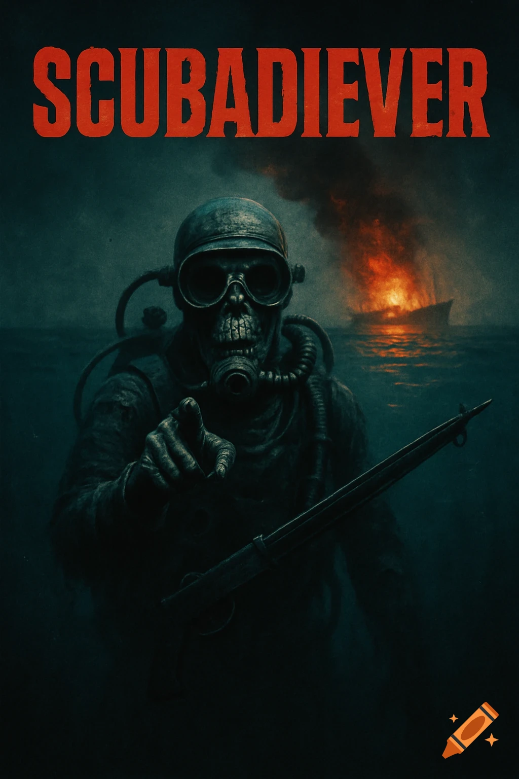 A dark horror movie poster showing a skeleton scubadiver pointing, holding a speargun, with a burning boat in the background and 'SCUBADIEVER' text.