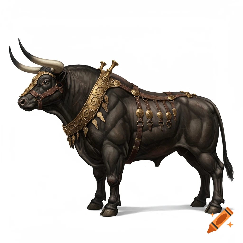 A dark, muscular bull with large curved horns stands in profile, adorned with an elaborate bronze and leather harness, against a white background.