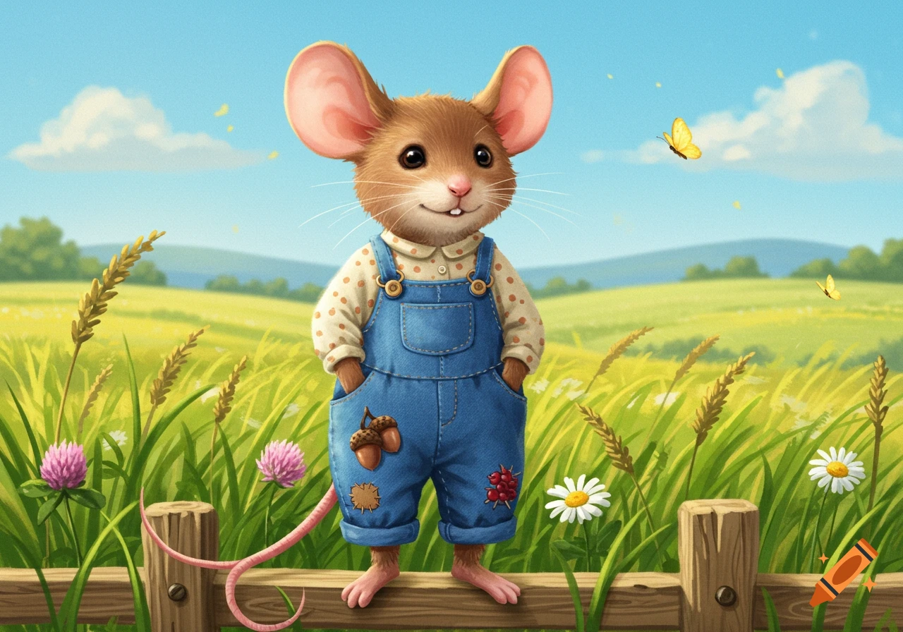 A cute cartoon mouse in blue overalls and a polka dot shirt stands on a wooden fence in a sunny green field with flowers and butterflies.