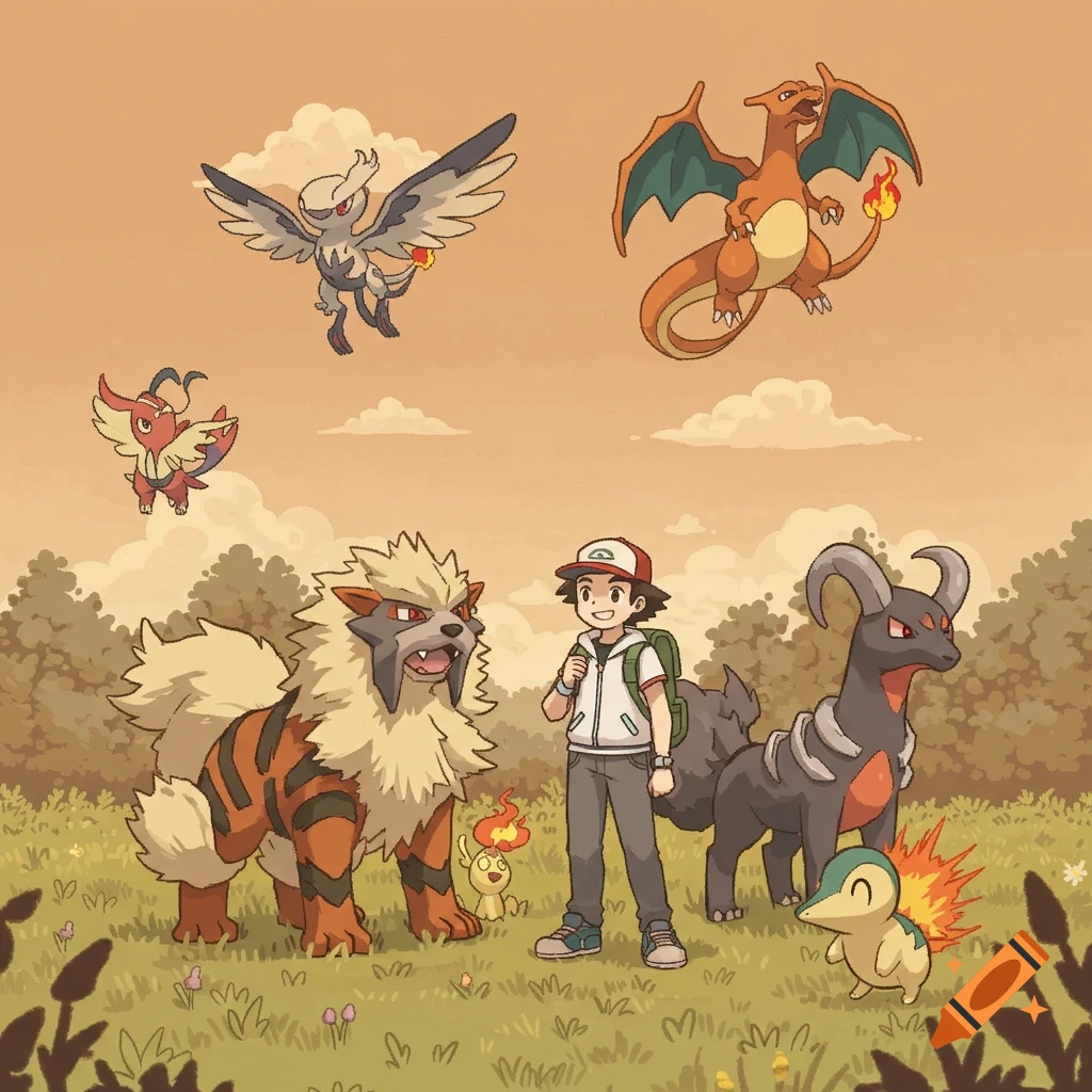 A trainer stands in a field with Arcanine, Houndoom, and Cyndaquil, while Charizard and Corviknight fly overhead, in a tan retro Pokemon art style.