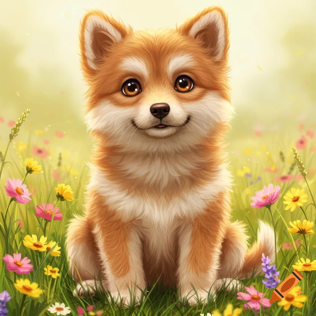 A cute, fluffy, orange and white puppy with big eyes sits smiling in a field of colorful wildflowers, in a digital art style.