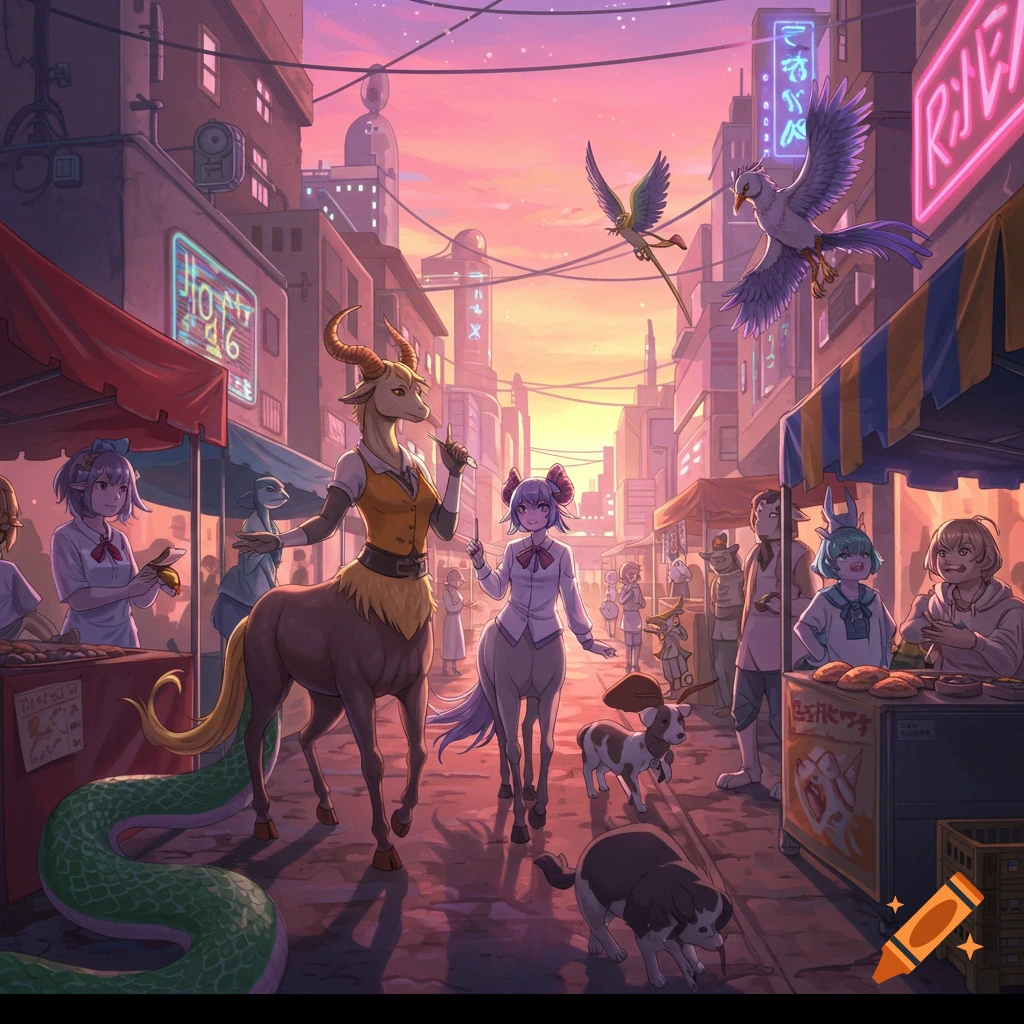 Anime-style depiction of various monster girls, including a goat centaur and a horse centaur, walking through a bustling city market at sunset.