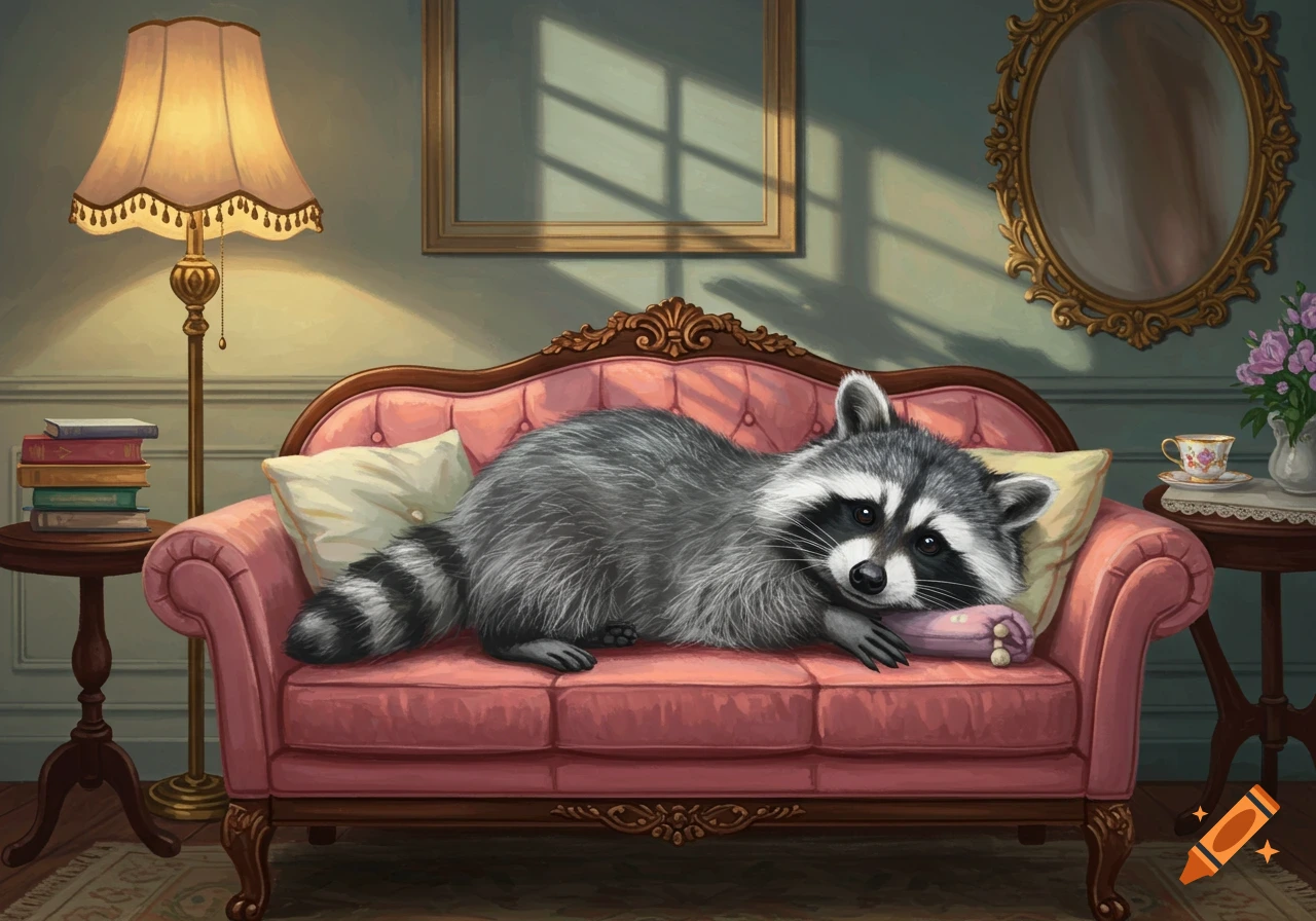 An illustration of a fluffy raccoon lounging comfortably on a pink sofa in a cozy room.
