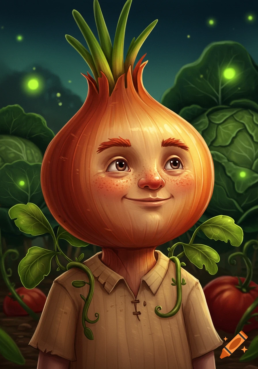 A whimsical onion-headed character with a smiling human face, red eyebrows, and freckles, wearing a tan shirt amidst green vines, giant cabbage leaves, and glowing fireflies in a dark garden.