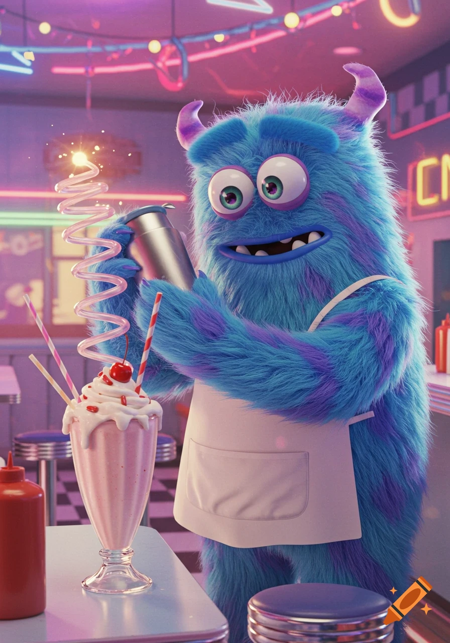 A fuzzy blue monster with purple stripes and large eyes wears an apron, making a strawberry milkshake in a retro diner.
