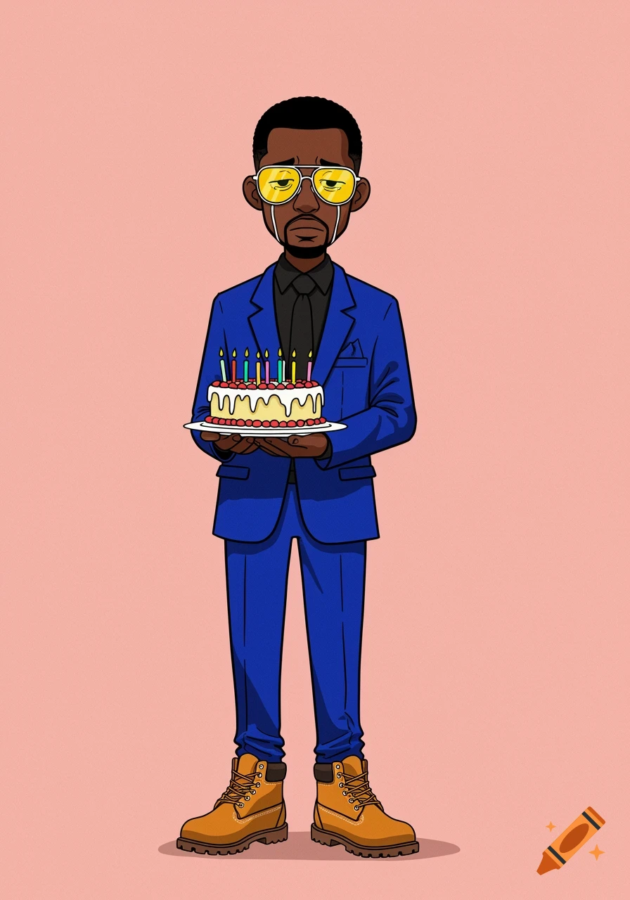 A cartoon Black man in a blue suit, yellow sunglasses, and Timberland boots holds a birthday cake with a sad expression.