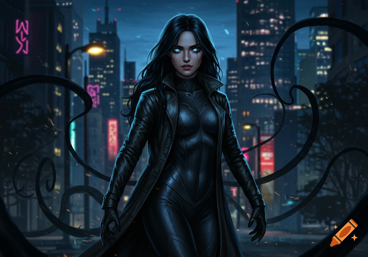 A female superhero with black hair, glowing blue eyes, and a black trench coat stands amidst shadow tendrils in a dark, neon-lit city at night.