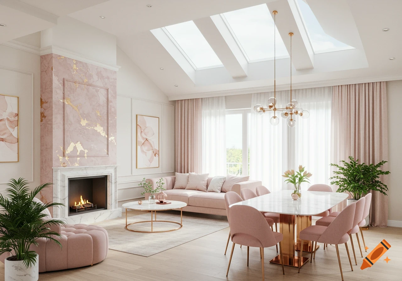 Luxurious open-concept living and dining room with high ceilings, skylights, pink and gold accents, fireplace, and modern furniture.