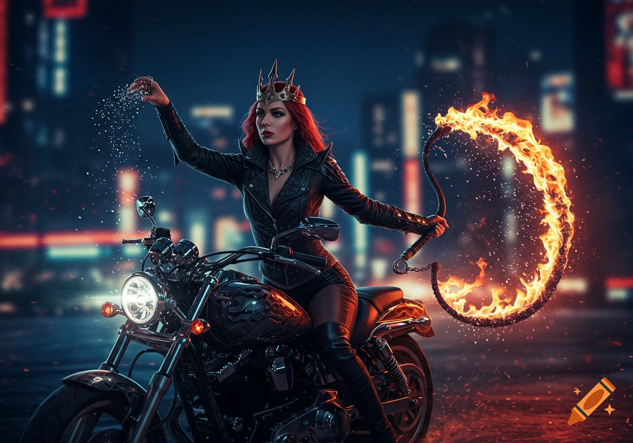 A queen in a leather outfit rides a motorcycle at night, sprinkling salt with one hand and wielding a flaming whip with the other.
