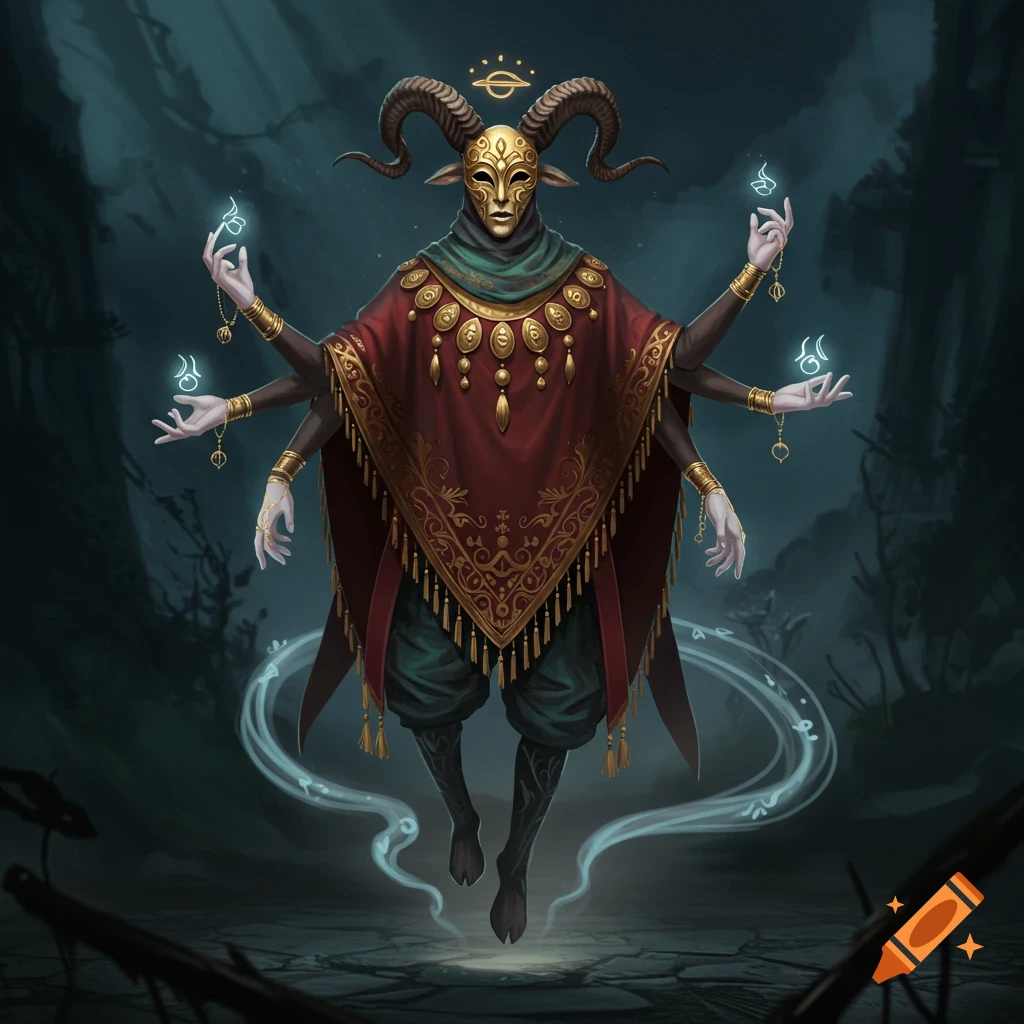 A dark fantasy illustration of a multi-armed, floating figure with ram horns and a golden masquerade mask, wearing an elaborate red and gold poncho, with glowing symbols in its hands.