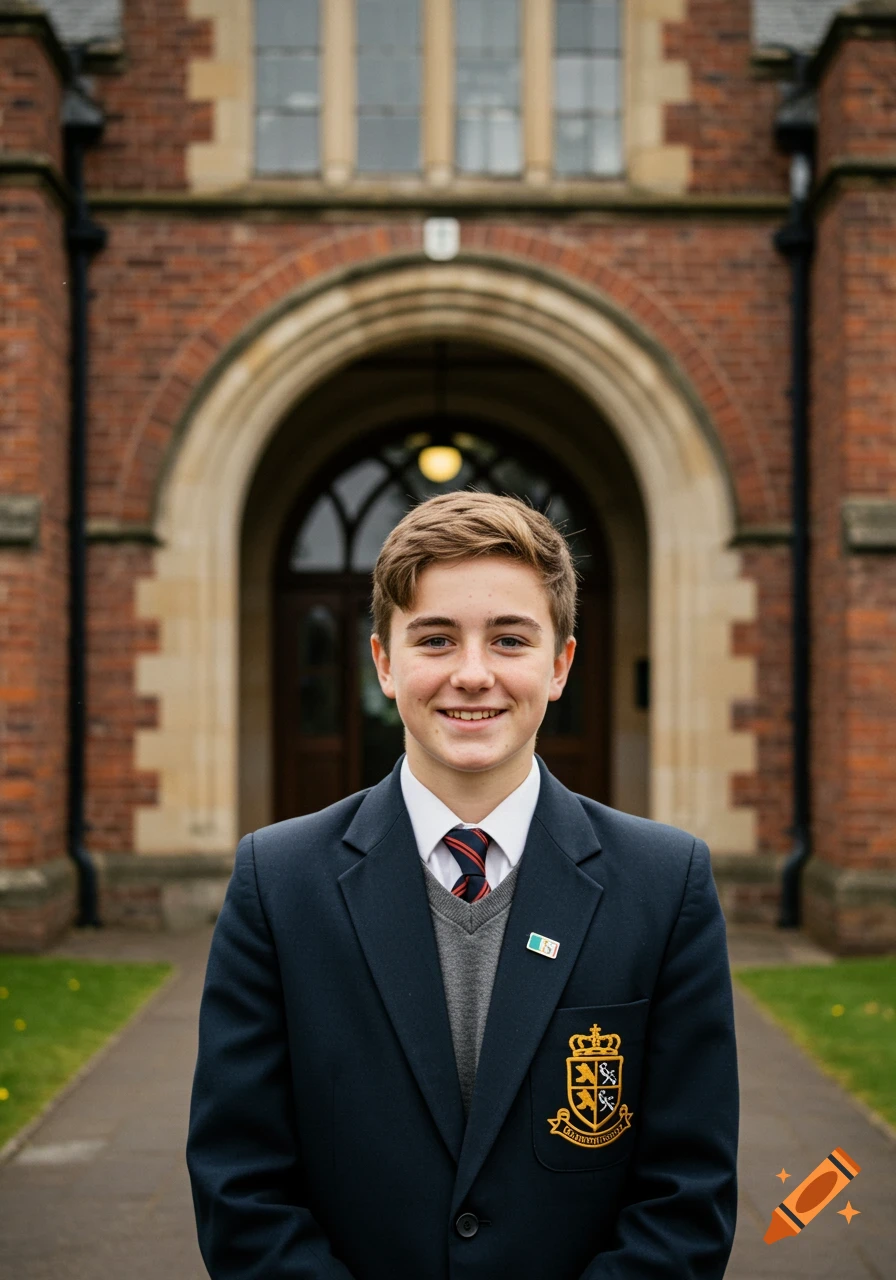 Smiling teenage boy in a school uniform standing in front of a brick school building.