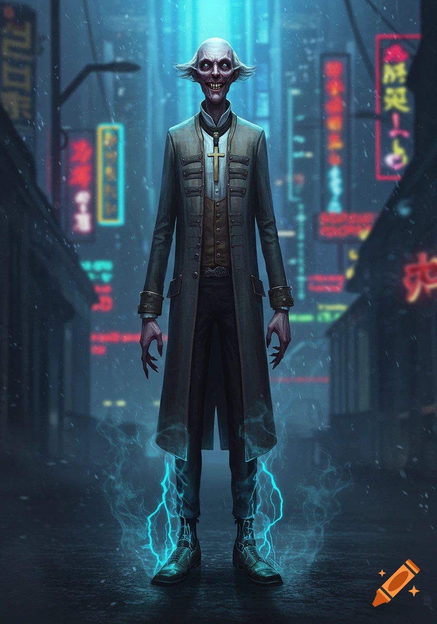A gaunt, pale humanoid monster with glowing eyes, sharp teeth, and clawed hands stands in a dark, neon-lit cyberpunk street, wearing a long priest-like coat with a cross, with blue energy around its feet.