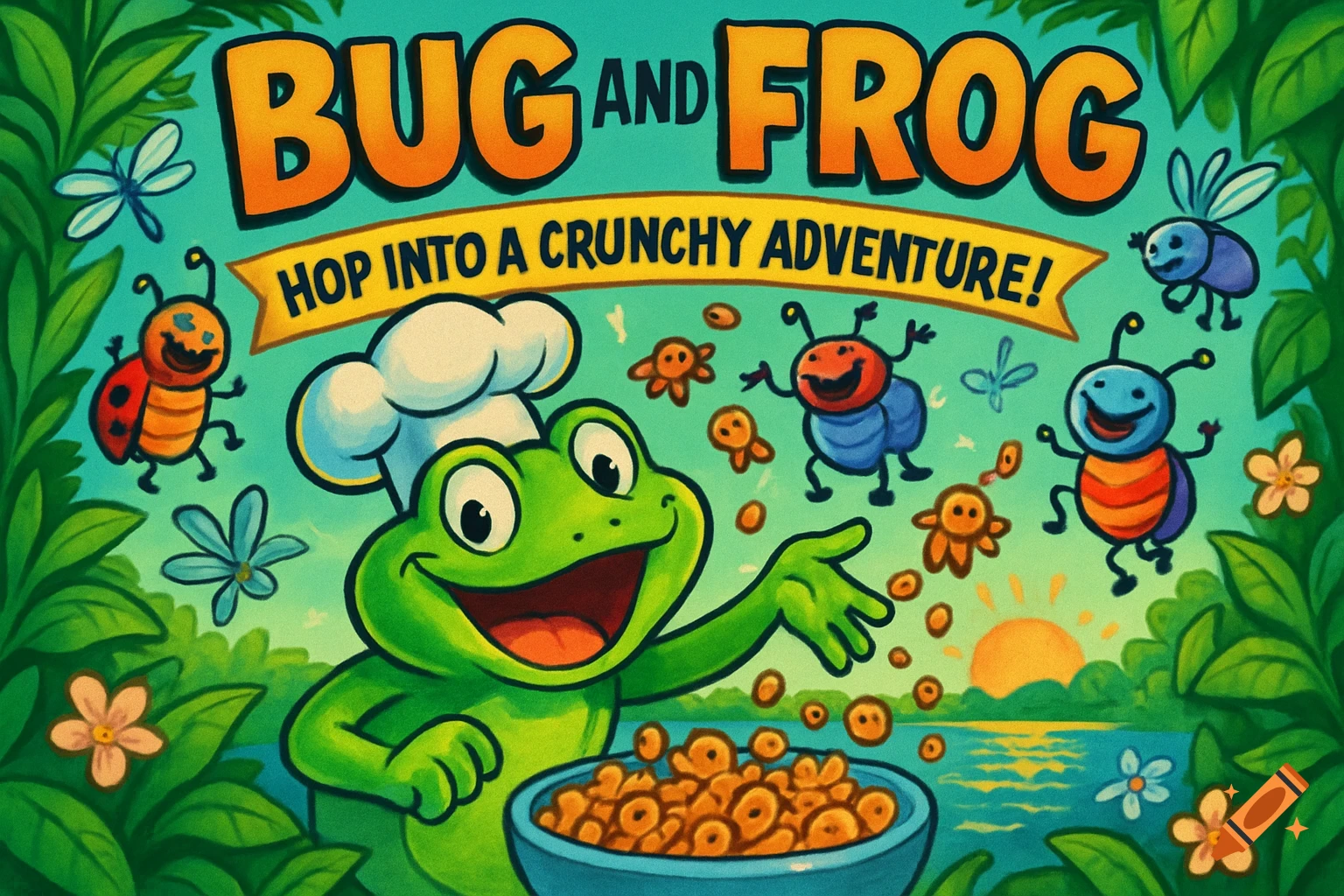 A vibrant cartoon illustration for 'Bug and Frog' cereal, featuring a smiling frog in a chef's hat holding a bowl of cereal, surrounded by cheerful bugs, leaves, and flowers against a teal sky with a rising sun over water.
