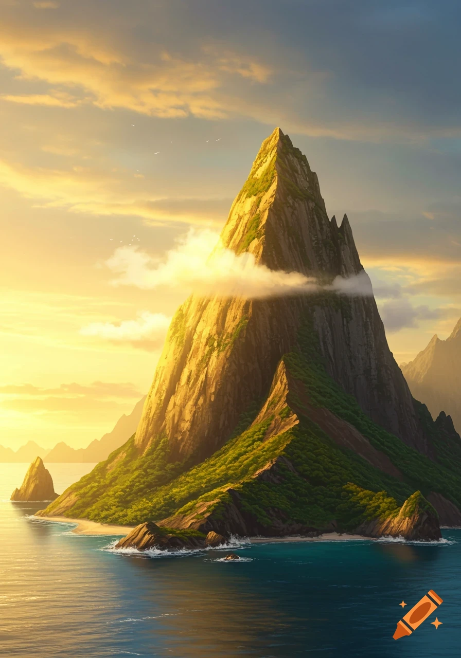 A majestic, rugged mountain island covered in green foliage rises from the blue ocean, bathed in the warm light of a golden sunrise sky with clouds.