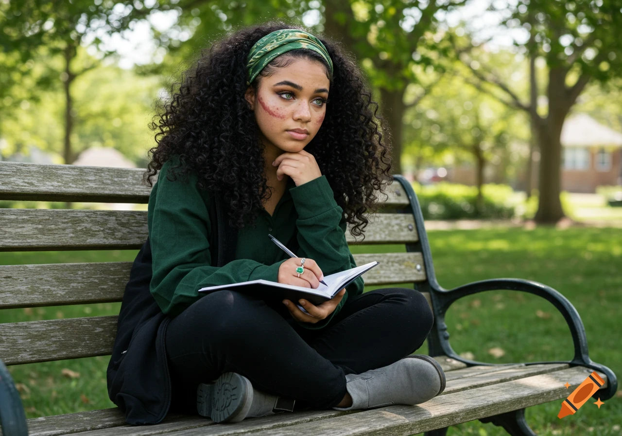 A young woman with curly hair and a green headband sits cross-legged on a park bench, writing in a notebook.