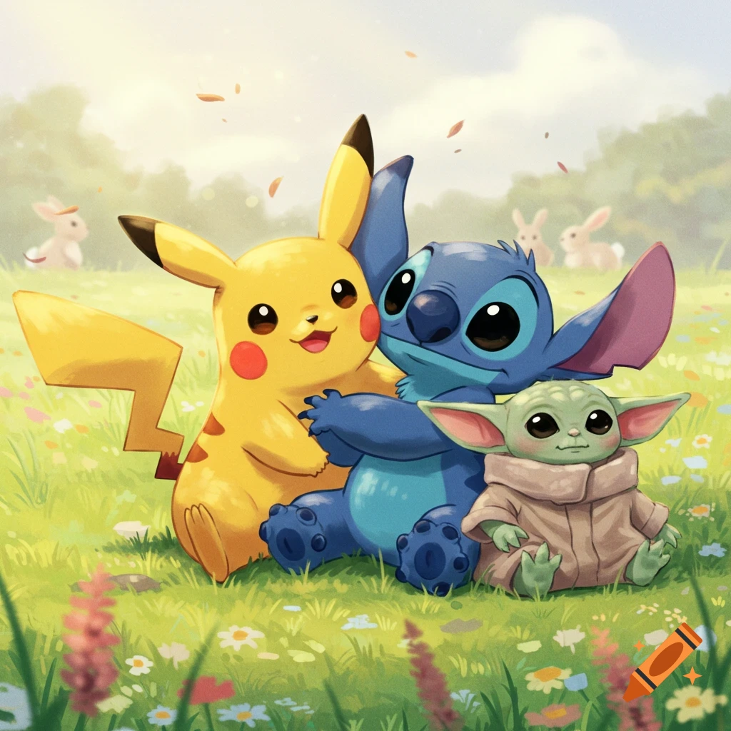 Pikachu, Stitch, and Grogu (Baby Yoda) are sitting together in a lush green field filled with small flowers and distant rabbits, under a bright sky.
