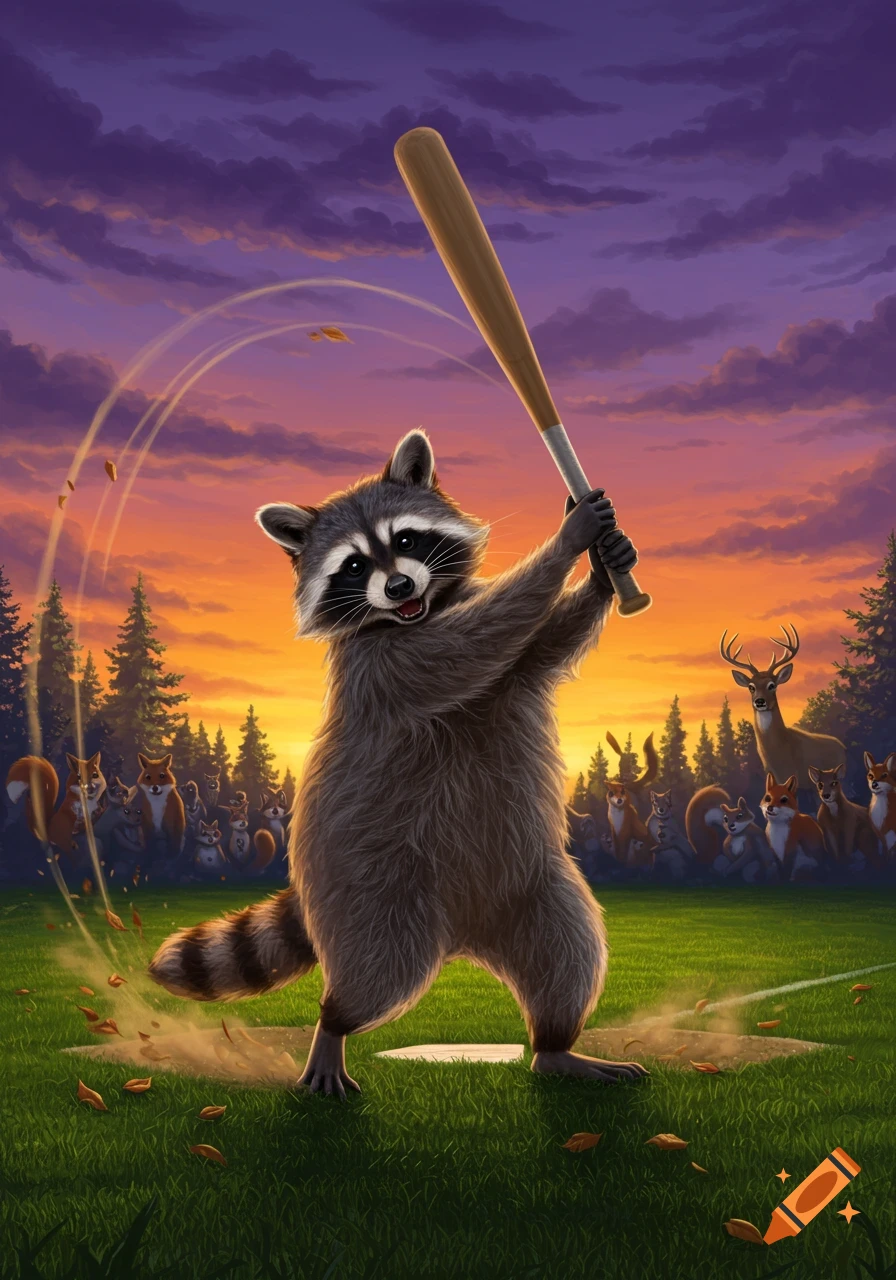 A raccoon swings a baseball bat on a grassy field at sunset, with woodland animals watching in the background.