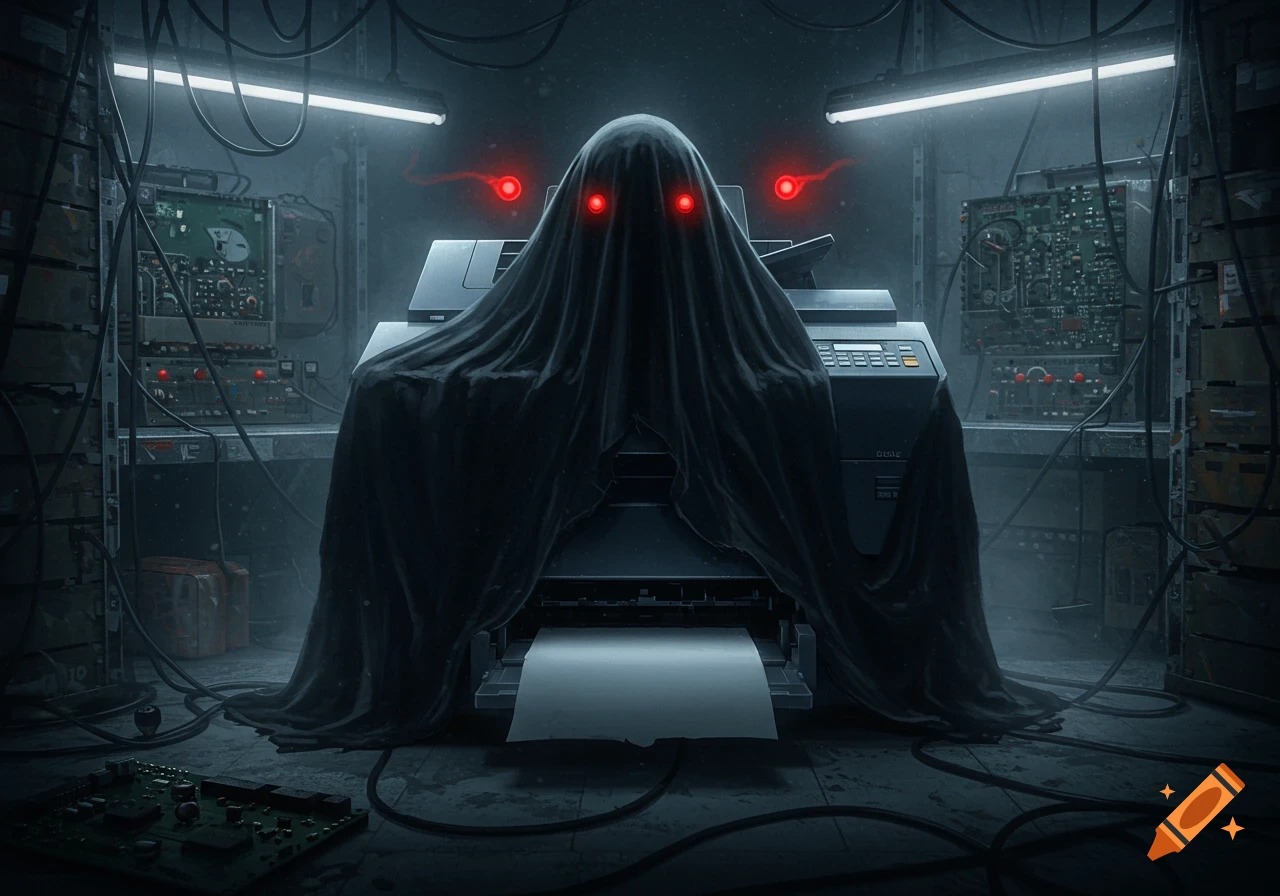 A dark image of a ghost-like figure, a black cloth draped over a printer with glowing red eyes, in a room with electronics.