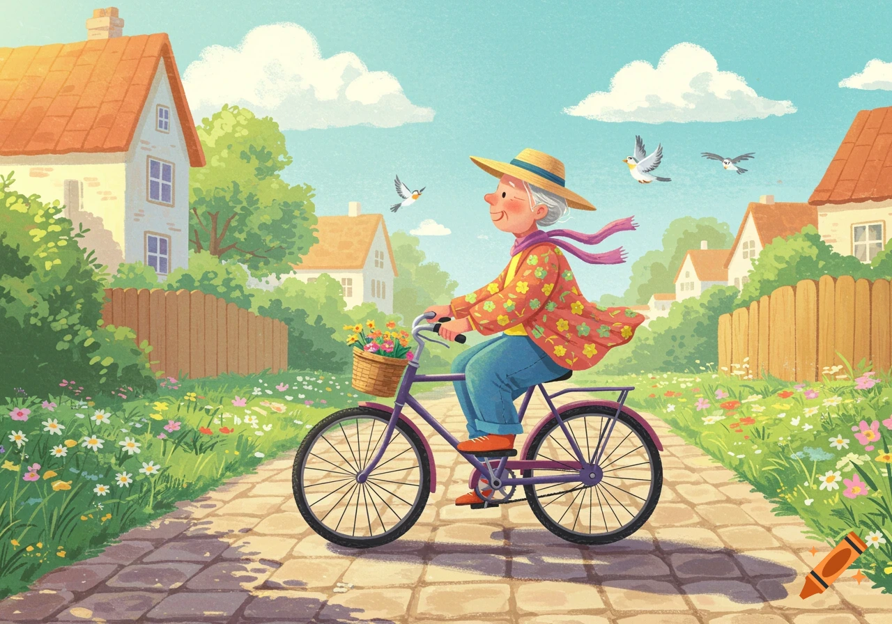 A cheerful cartoon elderly person rides a purple bicycle with a flower basket down a paved path on a sunny day past houses and gardens.