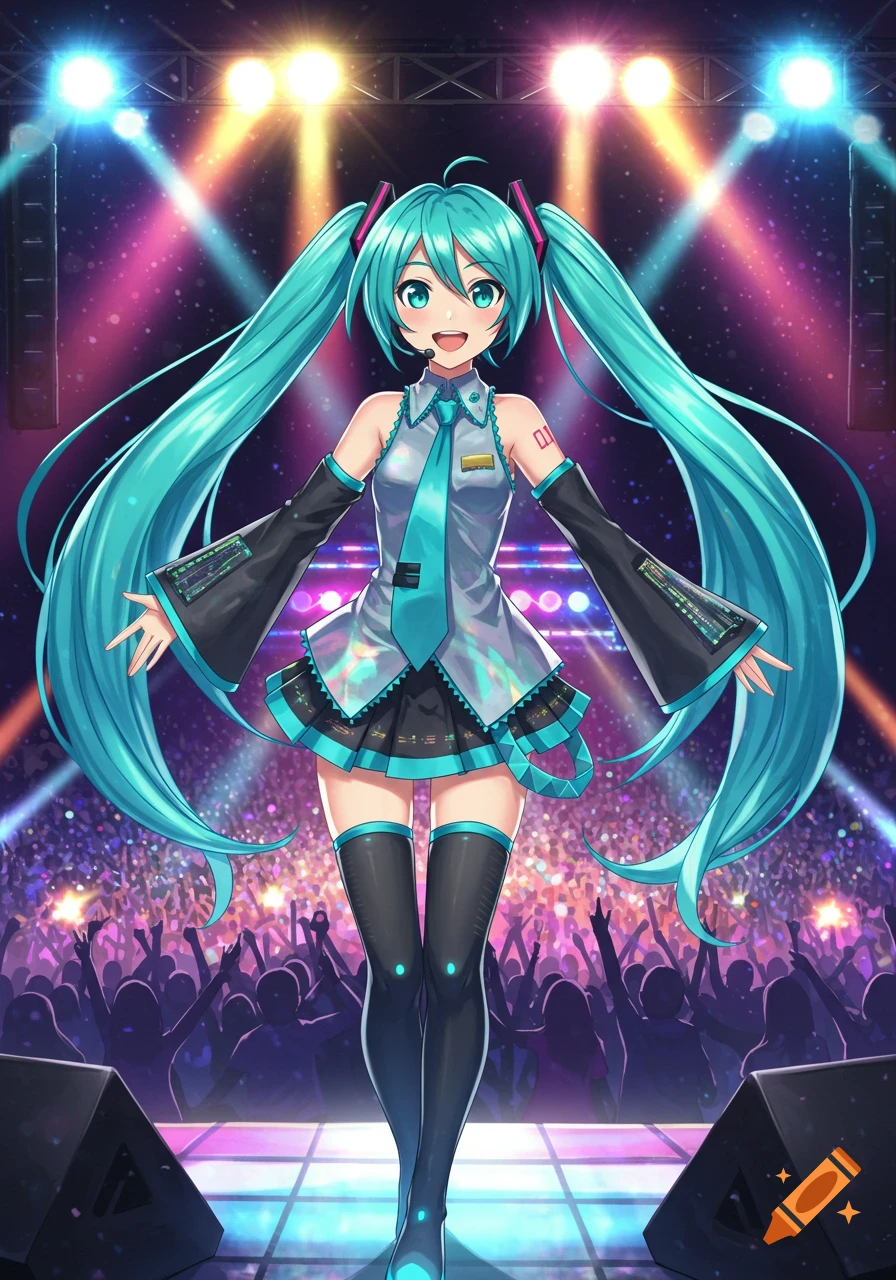 An anime girl with long teal pigtails, Hatsune Miku, smiling and performing on a brightly lit stage in front of a cheering crowd.